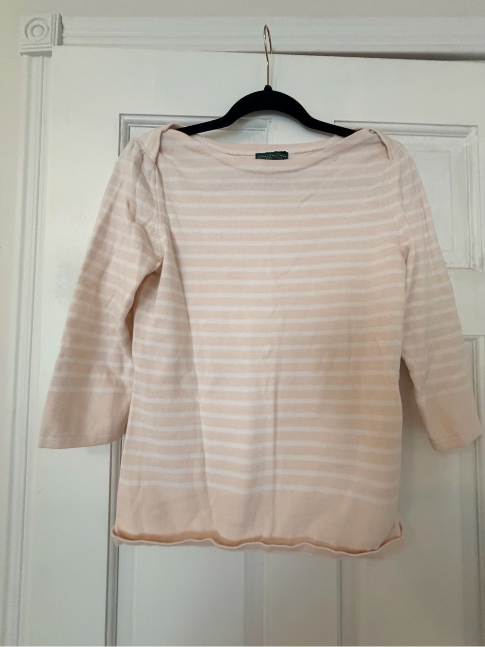 Vintage Lauren Ralph Lauren Pink and White Striped Boatneck Sweater